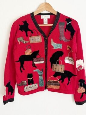 NWT Vintage Susan Bristol Sweater Cardigan Womens Red  Appliqué Dog Purse Shoe